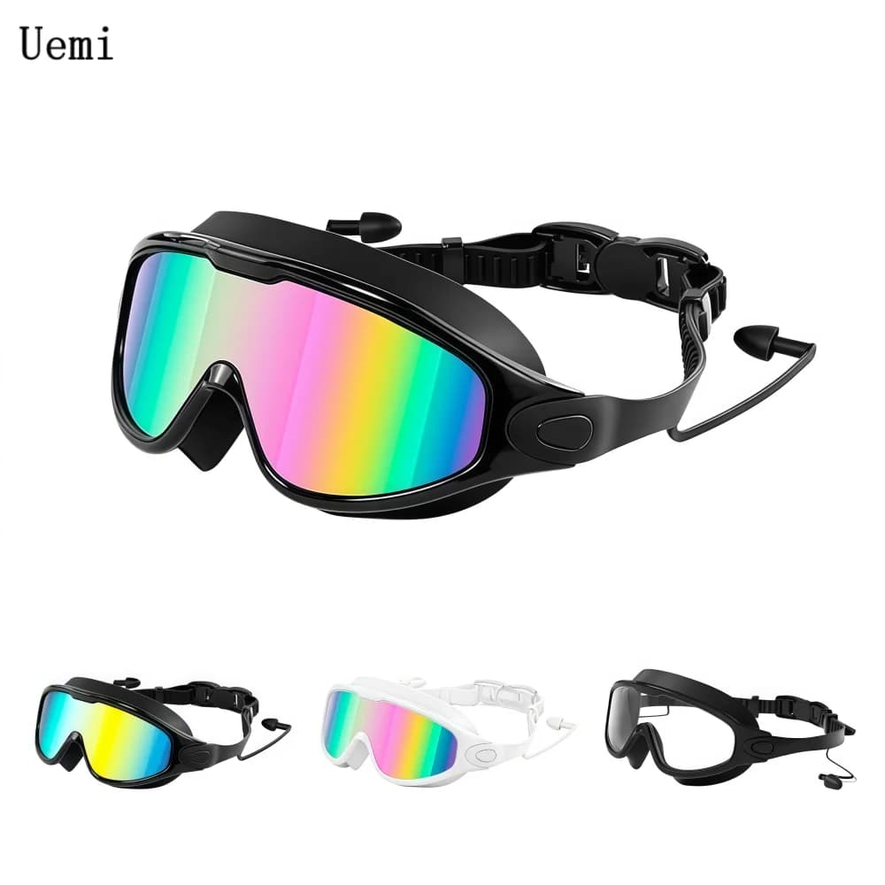 Adult Large Swim Goggles, Wide View, Anti Fog | UV Protection & No Leak Design, Matched Ear Plugs Included, Comfortable Fit for