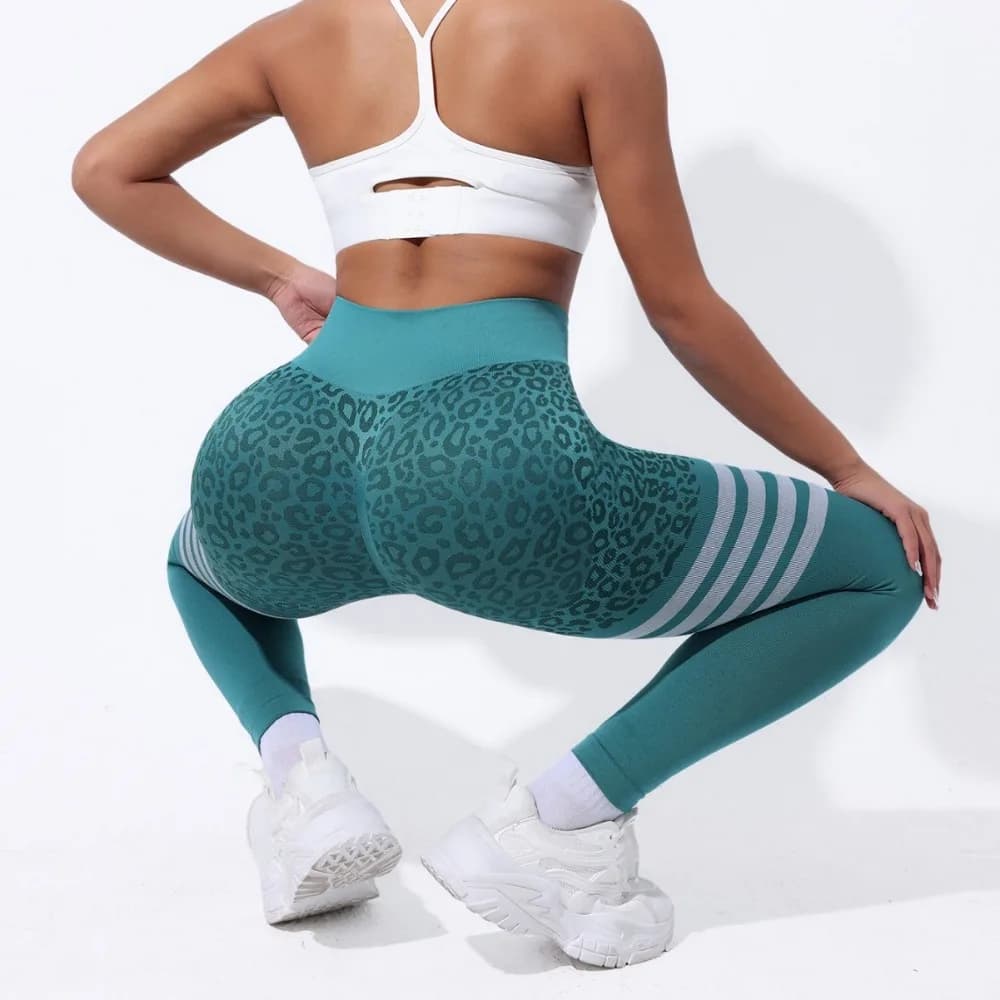 Pantaloni da yoga a vita alta con stampa leopardata da donna - Leggings fitness a righe per il sollevamento del sedere con supporto per l'anca color pesca per palestra e sport