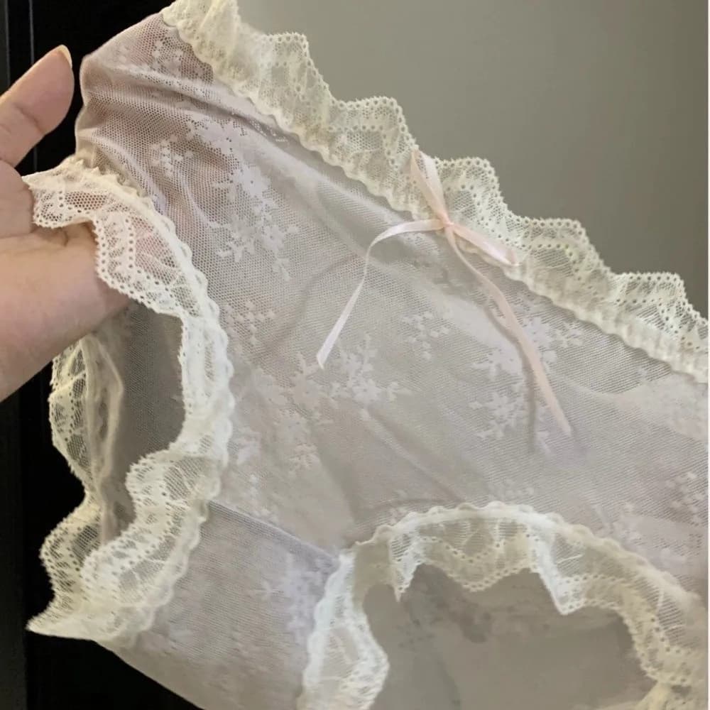 Sweet Mid Waist Lace Panties Cotton Crotch Transparent Underwear for Women Bow Briefs Mesh Lace Briefs Girl