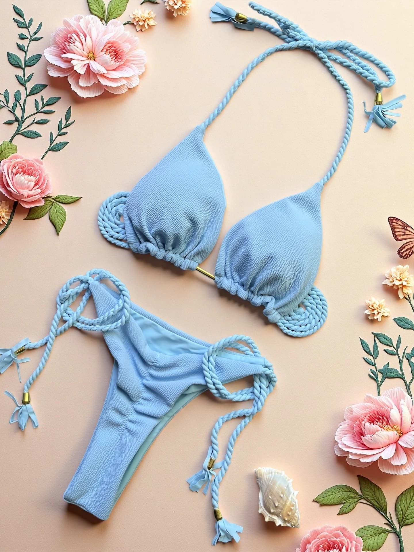 Two-piece bikini swimsuit knitted with neckline, sexy, woman's, for summer, from beach, with metal pendant shaped watch and tassel decoration, split model
