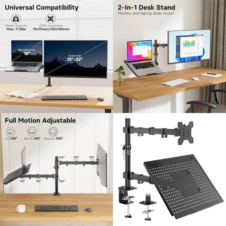 Supporto per Monitor e Laptop, Braccio Regolabile per Monitor con Vassoio Ventilato per Schermi LCD da 13 a 32 Pollici e Notebook fino a 16 Pollici, H