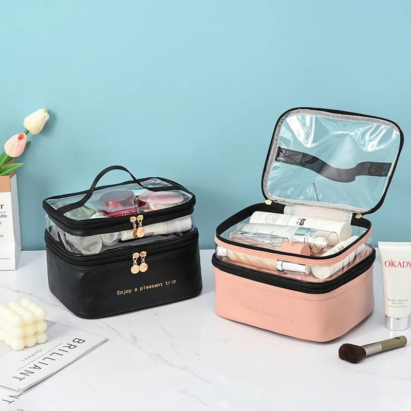 Korean Style PVC Double Layer Makeup Bag Large Capacity Travel Toiletry Bag Portable Waterproof Cosmetic Organizer for Women
