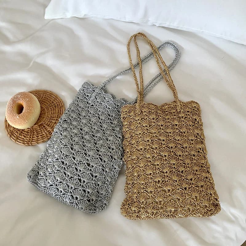 Silver Thread Handmade Woven Bag For Women Delicate Crochet Flower Shoulder Bags Elegant Casual Small Square Handbags
