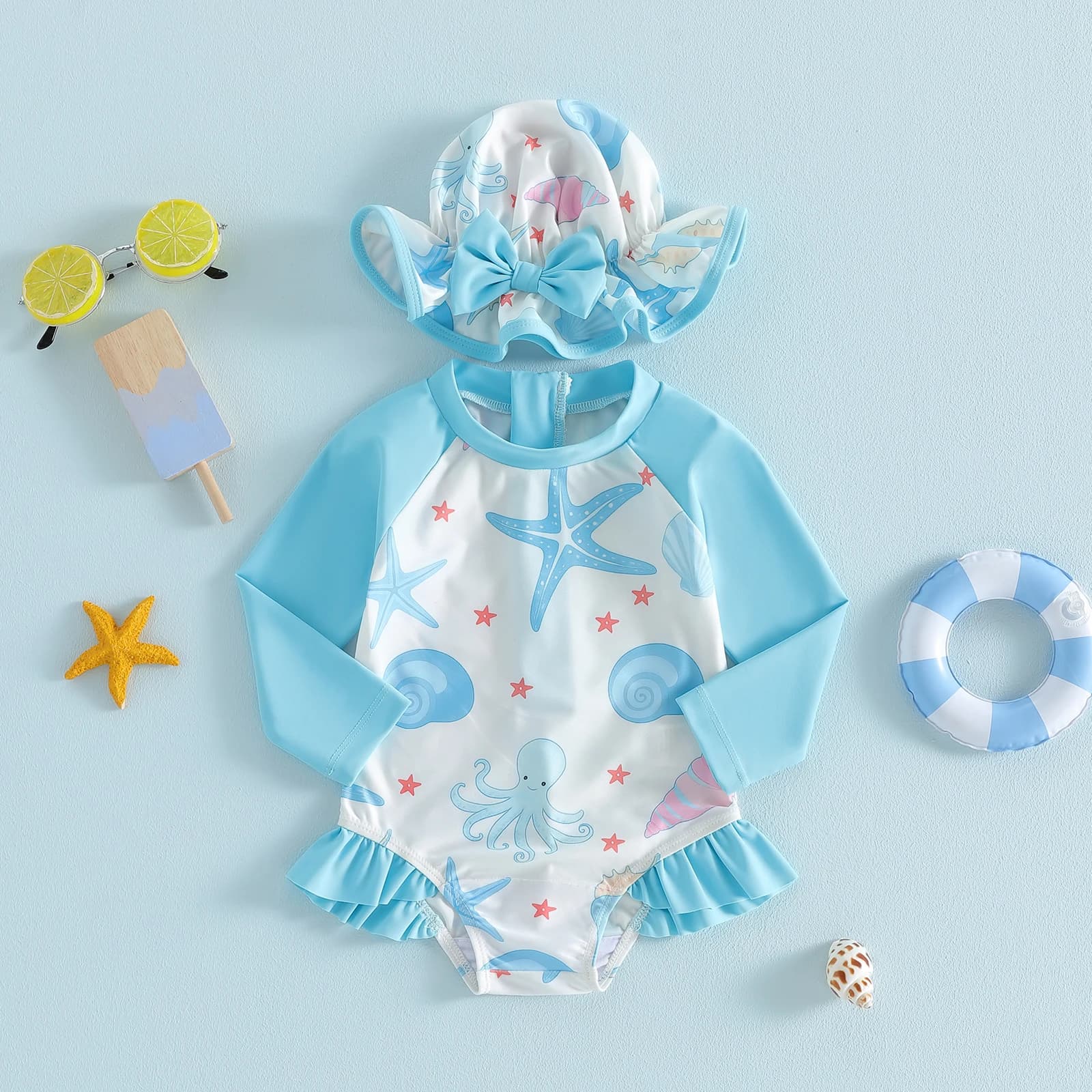 Swimwear for neonate 0-24 months with UV protection, marine star print and octopus, long sleeves, crew neck, with swim cap