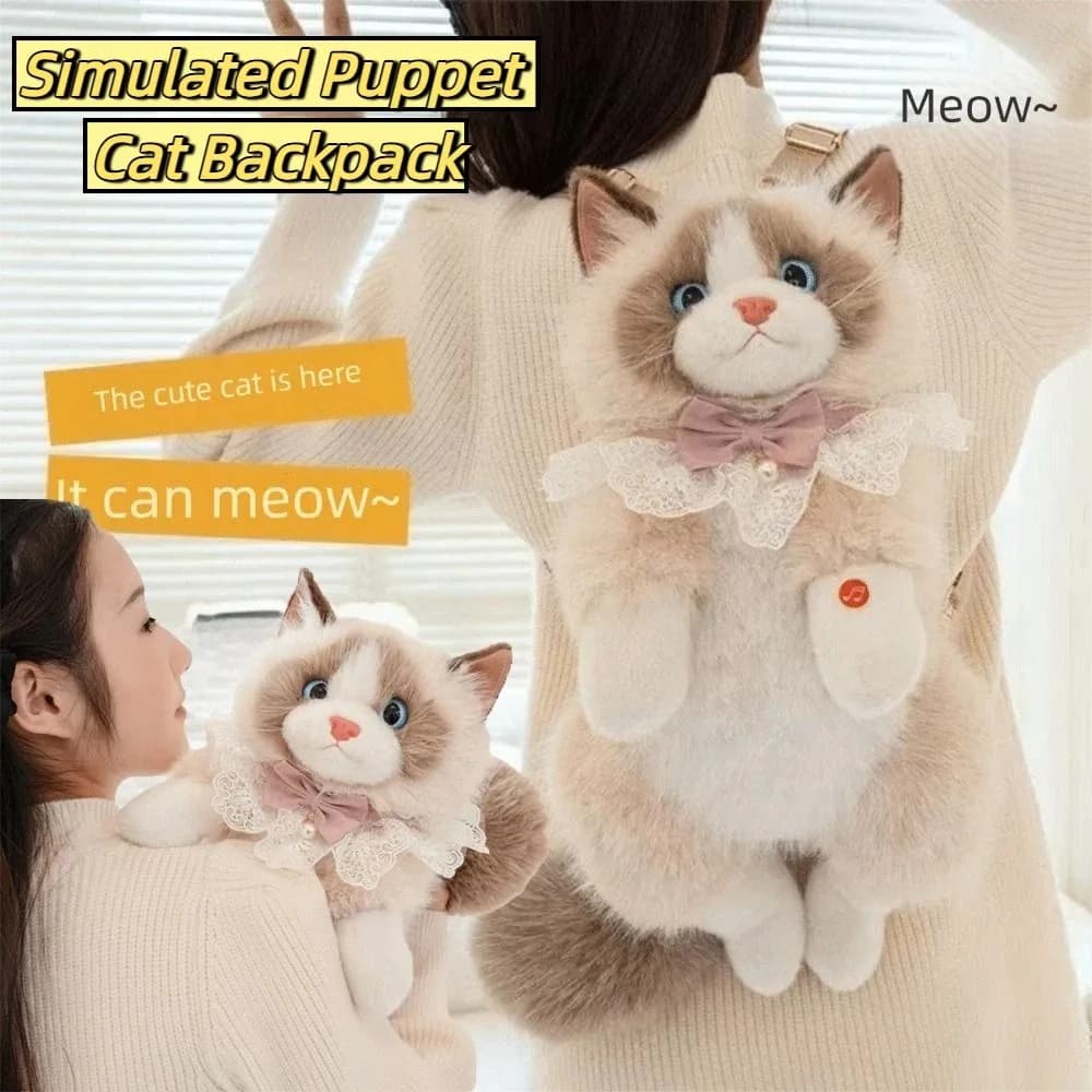 Zaino a Forma di Gatto Super Realistico, Peluche Cartoon, Borsa Scolastica e da Viaggio Carina