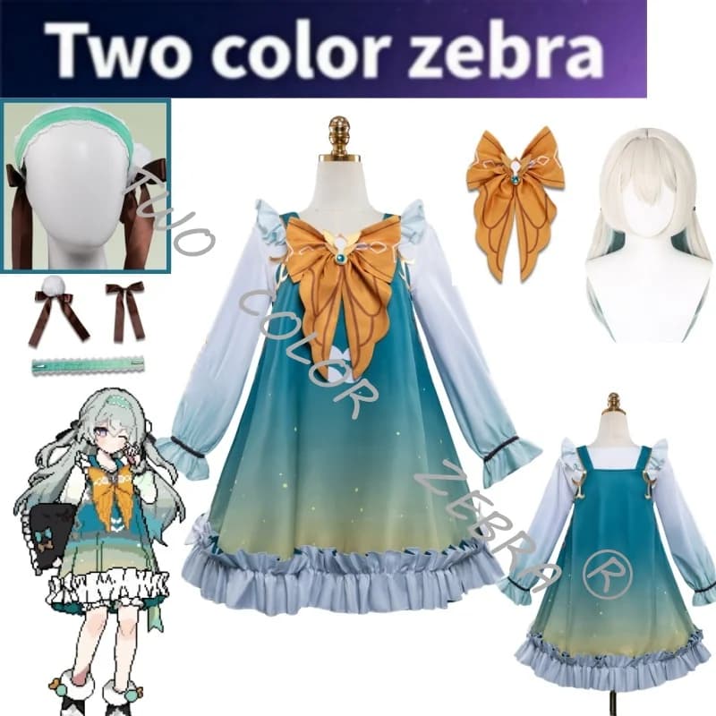 Honkai:Star Rail Firefly Pajamas Cosplay New Costume Teal Gradient Dress Wig and Headwear Set for Women Home Suit or Roleplay