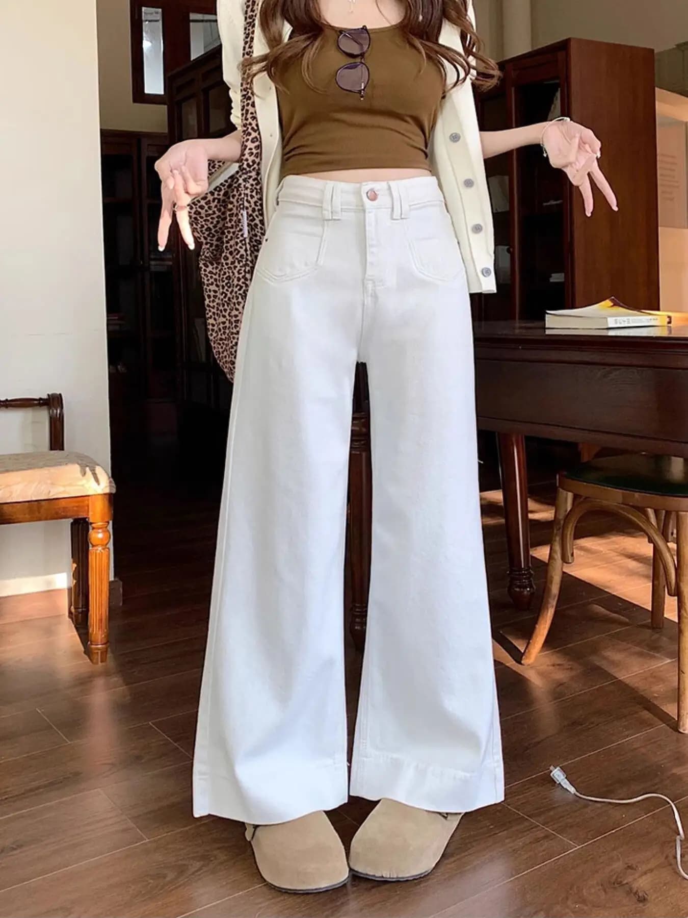 High Waist Wide Leg Jeans Women's Loose Fit Design Sensation Spring Autumn plus Size Slimming Denim Pants Korean Style