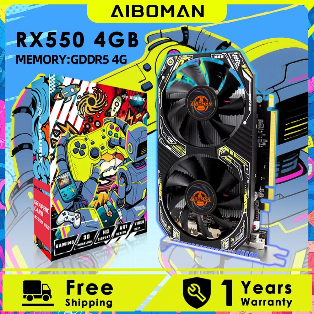 AIBOMAN Gamer Nero Giallo AMD RX550 4GB GDDR5 Scheda grafica 128Bit Doppia ventola Accessori per il montaggio del computer Giochi elettrici per ufficio