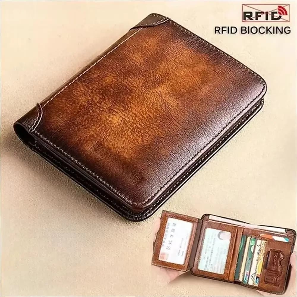 Portafoglio da uomo in pelle PU resistente, vintage, sottile, a tre ante, con blocco RFID, 1 pezzo.