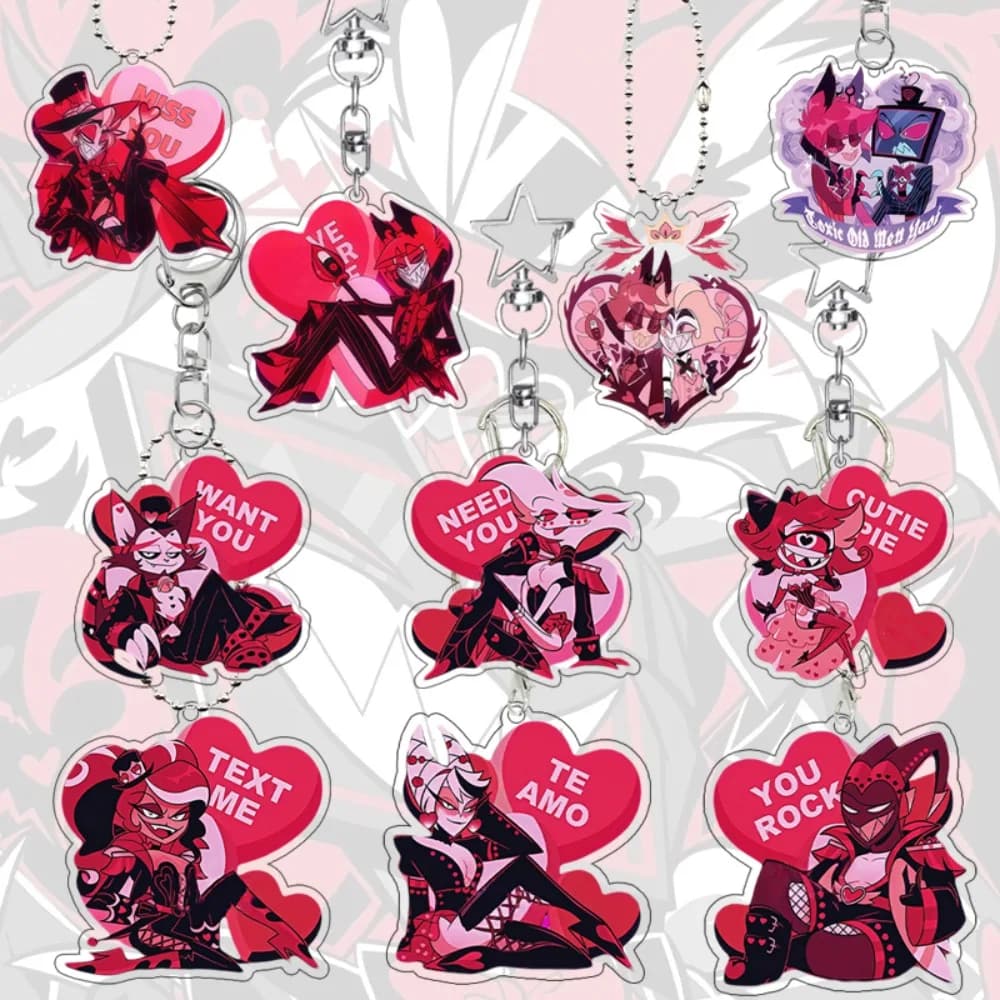 Portachiavi in Acrilico Anime Hazbin Hotel con Personaggi Angel Dust e Valentino Alastor, Ciondolo per Zaino Studenti, Regalo e Ornamento