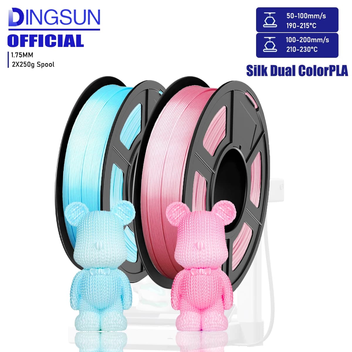 PLA Plus 3D Printer Filament (PLA+) 2-tone Silk Shaft 1,75 mm+/-0,02 mm, 250 g/500 g/1000 g coil (white foam)