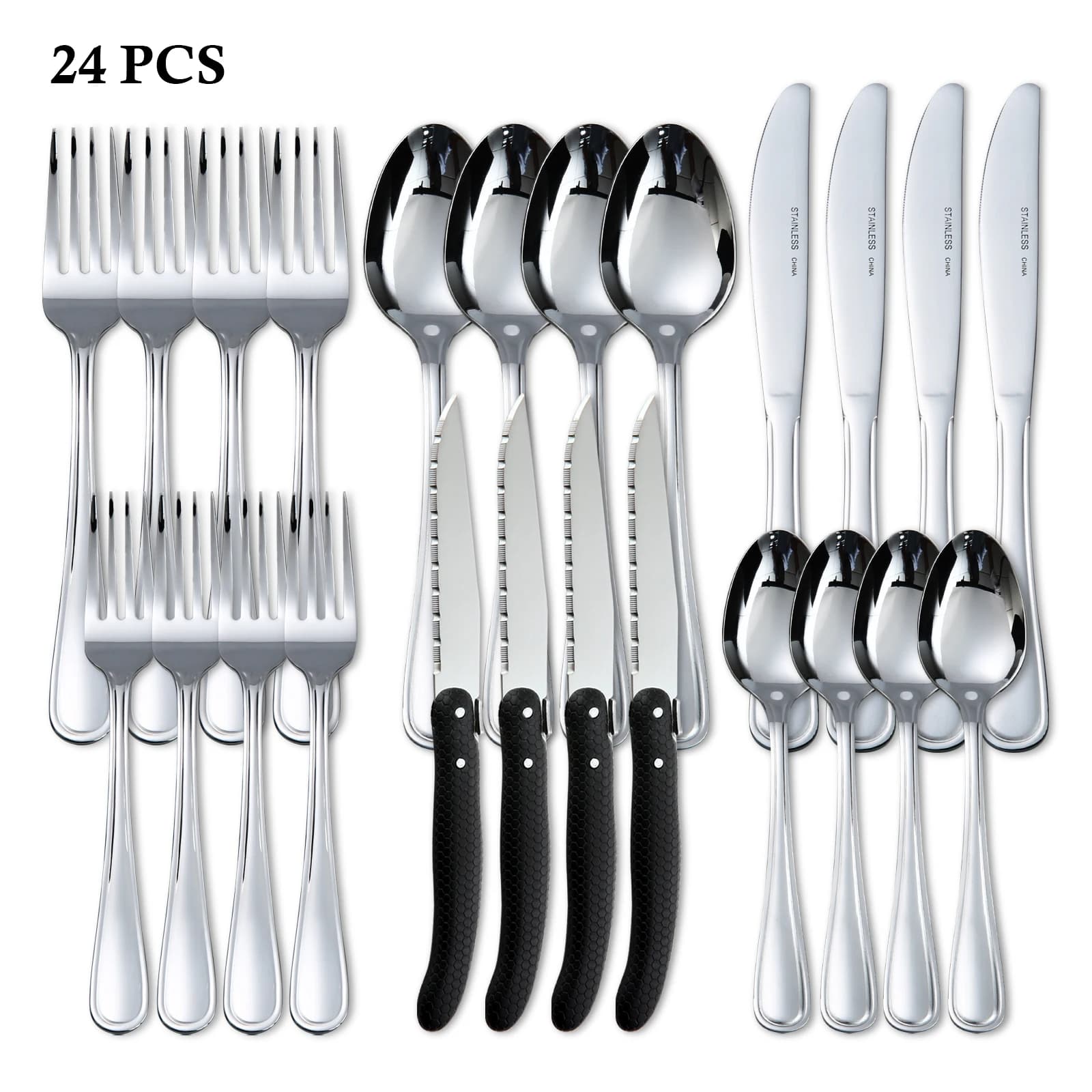 HANSMART 24Pcs Stainless Steel Knife Fork Spoon Tableware Flatware Set Service for 4Festival Kitchen Dinnerware Gift