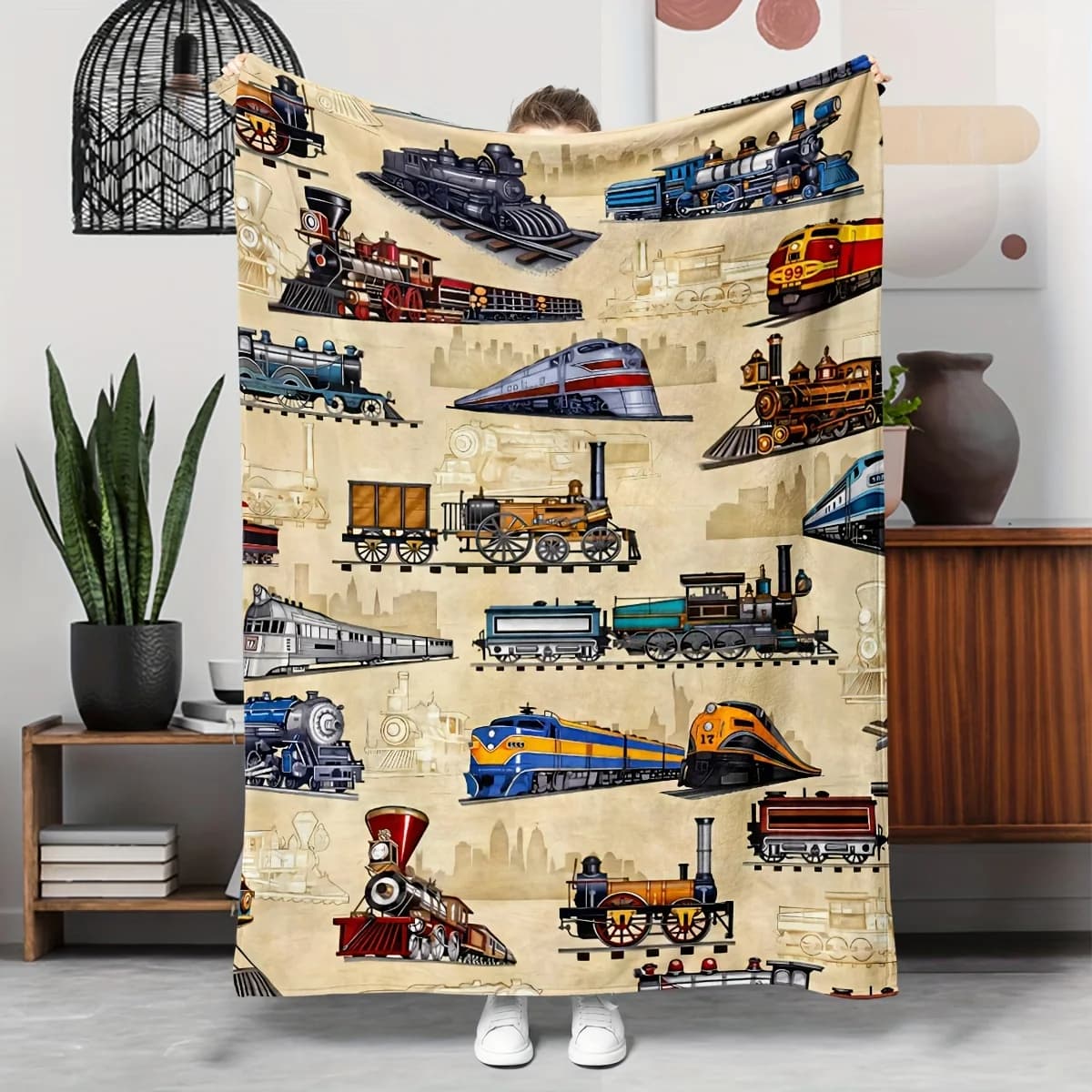 1 coperta in flanella a tema treno vintage, divano letto, coperta multiuso per ufficio, coperta da campeggio per viaggi all'aperto
