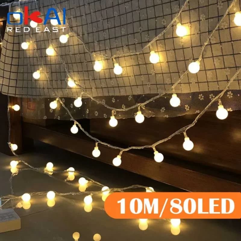 Luci a stringa LED a sfera da 10 m Luci a catena a sfera per esterni Luci ghirlanda Lampadina Lucine Festa Casa Matrimonio Giardino Decorazioni natalizie