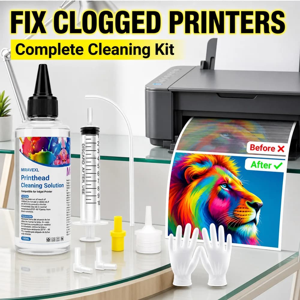 MIRAVEXL Printhead Cleaning Solution 100ml Kit Unclog Clogged Nozzle Liquid Wash Tool Set for Inkjet Printers Restores Printing