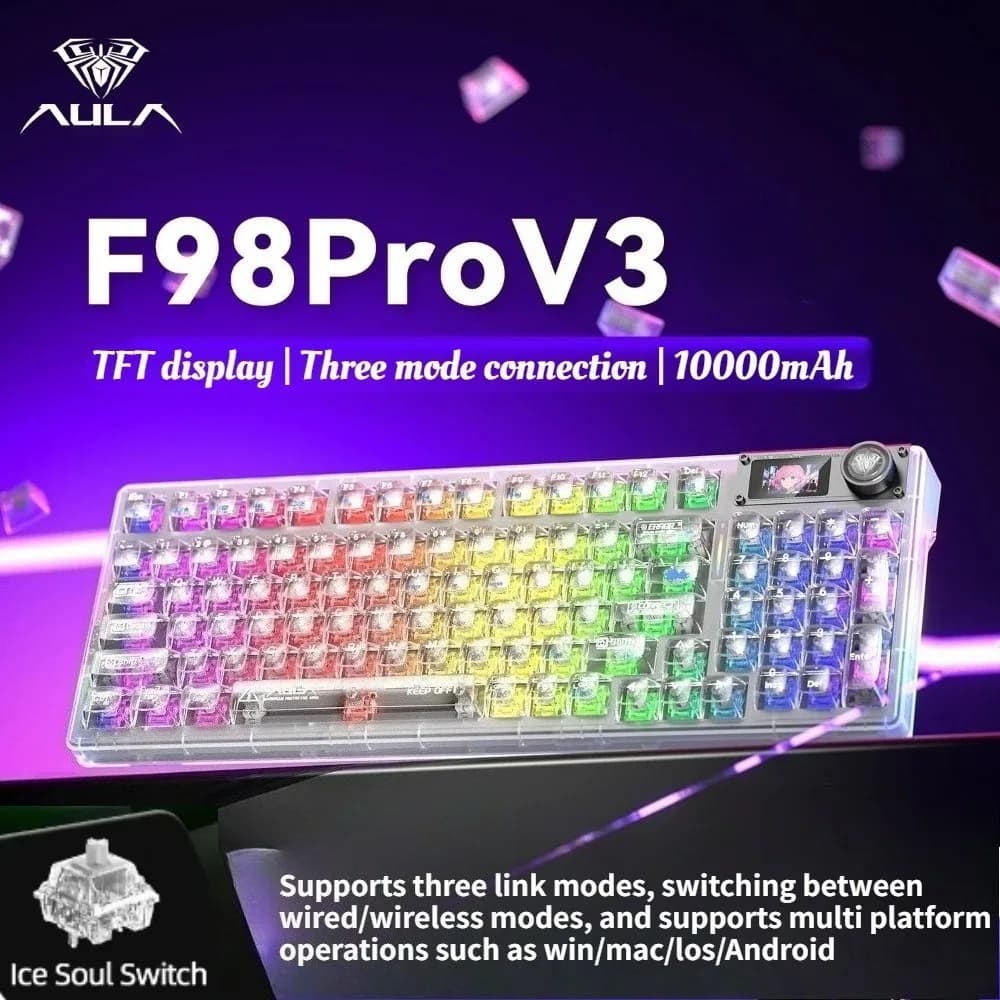 Nuova Tastiera Meccanica AULA F98 Pro V3 Wireless 2.4G/Bluetooth/Cablata per Gaming E-sports con Switch Hifi, Schermo e Manopola
