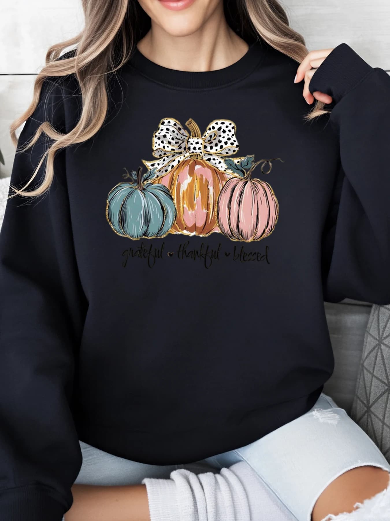 Sweatshirt with pumpkin bow Grateful Grateful Autumn Women Casual Clothing Black Plus Sizes