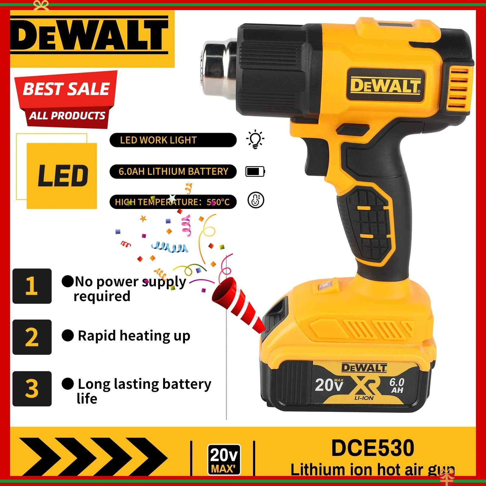 Pistola Termica DEWALT 18V 21V, Strumento per Termoretrazione, Pistola ad Aria Calda Senza Fili, Asciugatore Elettrico, Soffiatore Termico per Batterie DEWALT