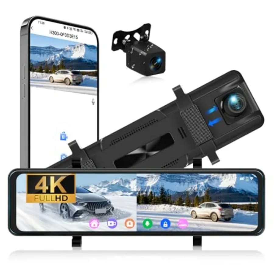 Specchietto Retrovisore con Dash Cam 4K da 10,88 Pollici, Touchscreen, Doppia Telecamera Anteriore e Posteriore, Visione Notturna, G-Sensor, Controllo APP, Rilevamento Movimento