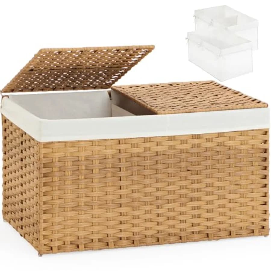 Foldable rattan basket with lid and 2 removable inner bags for bedroom, laundry, natural, 17,2 gallons (65 L), 22 x