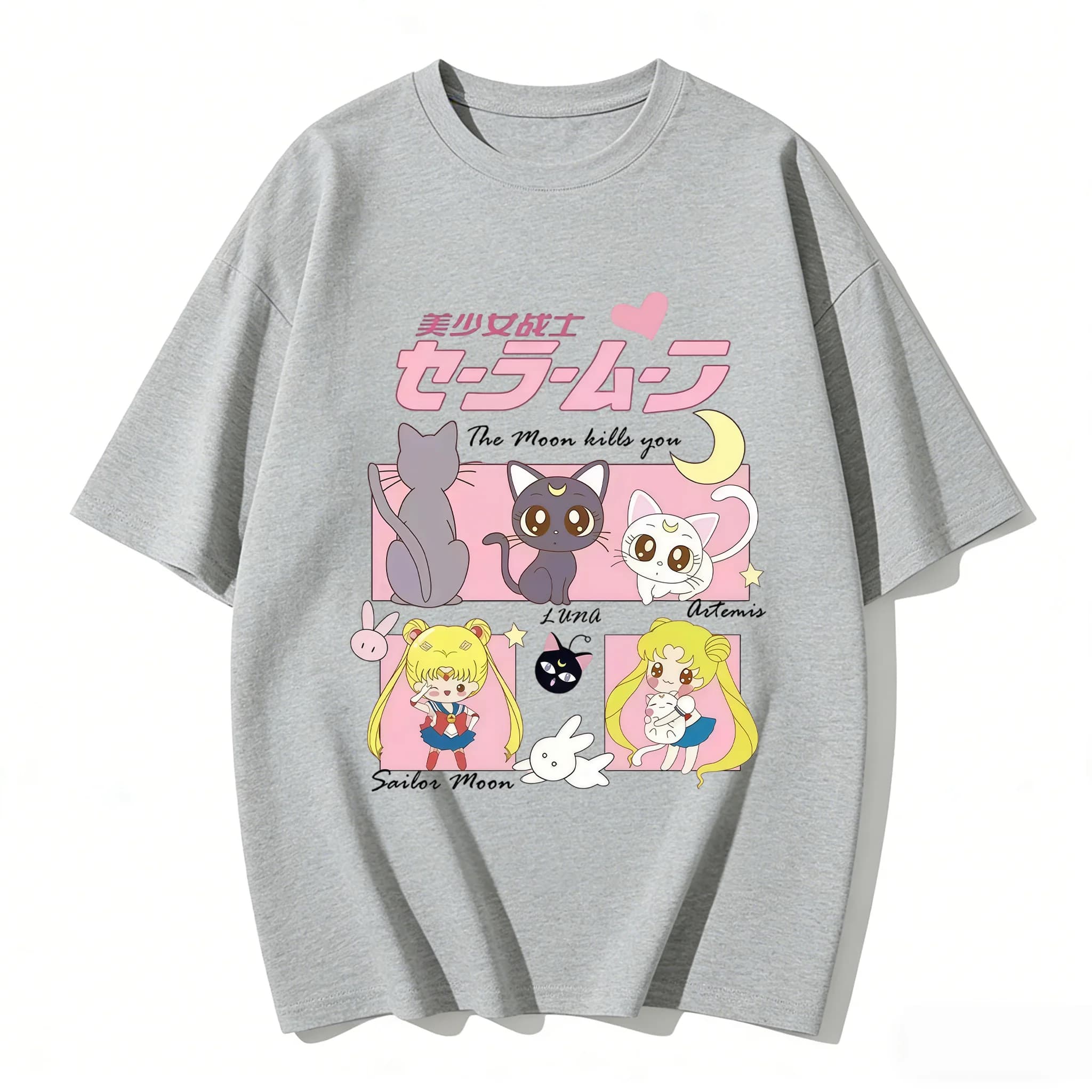 2026 New Hot Summer Sale Sailor Moon T-Shirt Unisex Cute Anime Cat Print Casual Short Sleeve Tee for Kids Men Women Top