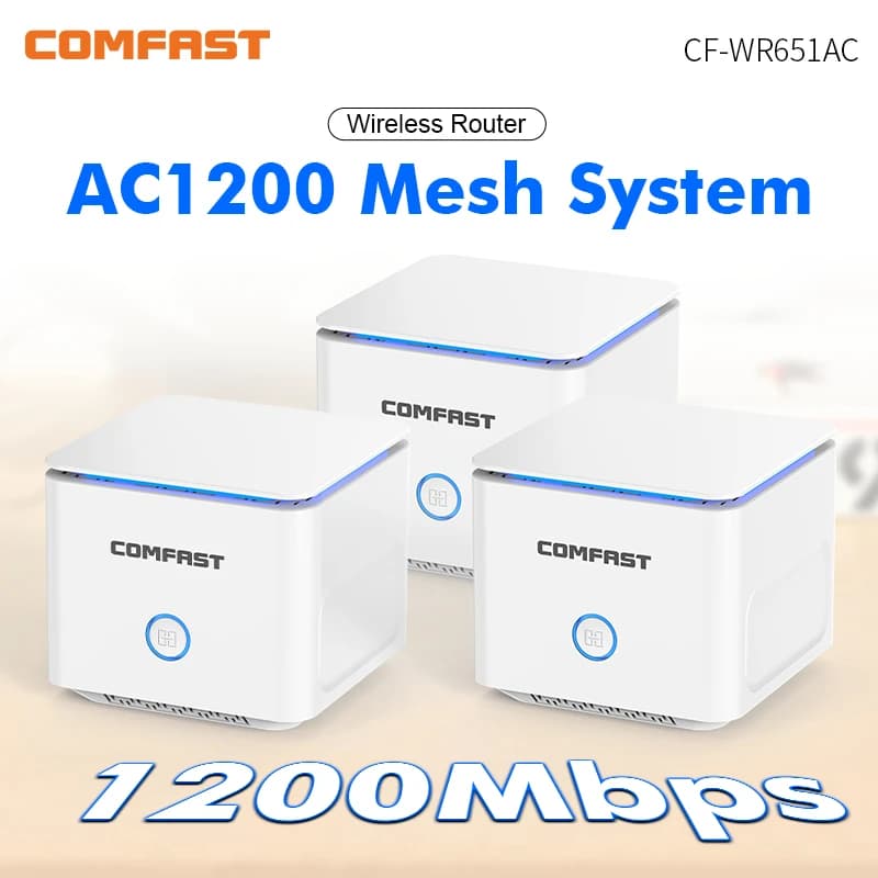 Sistema WiFi Mesh Comfast AC1200 per Copertura Domestica Completa, Router Wi-Fi Gigabit, Ripetitore di Segnale con 4 Antenne da 5dbi, Booster di Rete Mesh, Confezione da 3