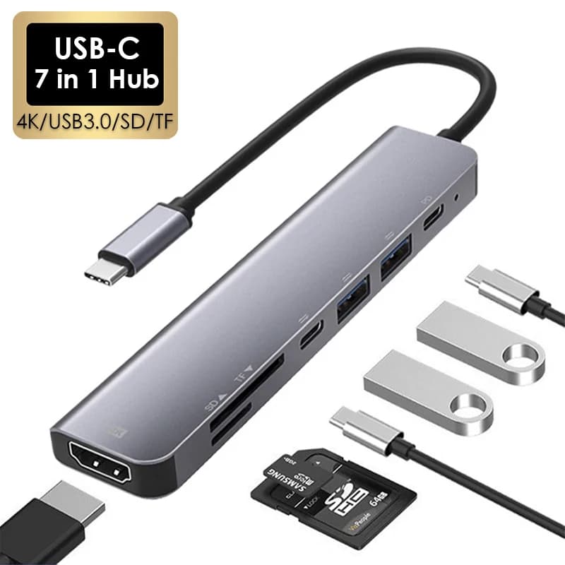 7 in 1 Tipo C USB 3.1 HDTV 4K 30Hz Video USB 3.0 USB2.0 Lettore di slot per schede SD TF Dati USB-C Adattatore hub di ricarica PD per MacBook