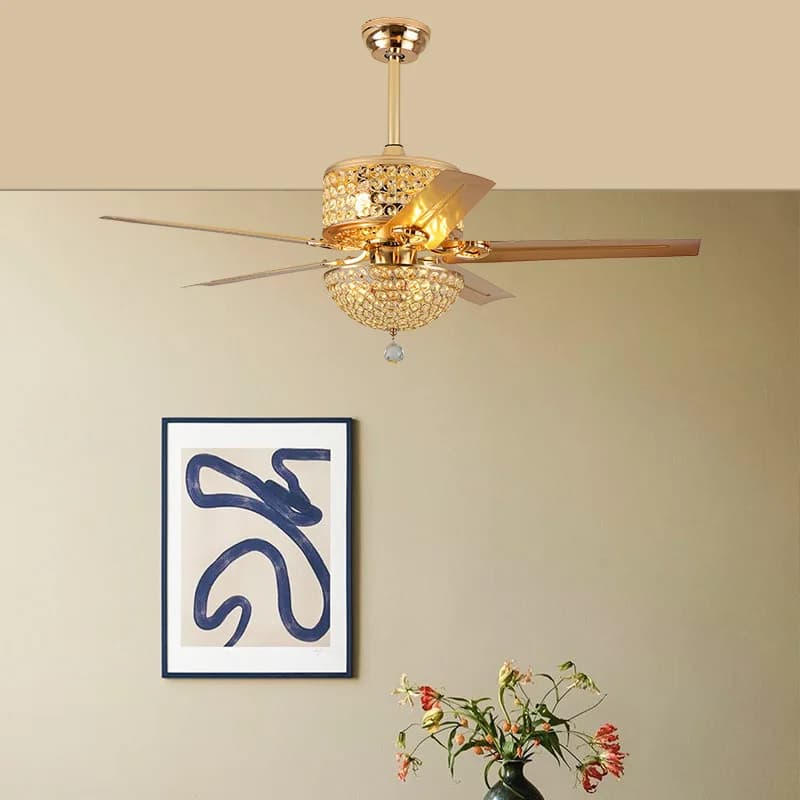 Ventilatore da soffitto in cristallo da 52 pollici con luci Lampadario cromato Telecomando Pale in legno reversibili per soggiorno camera da letto