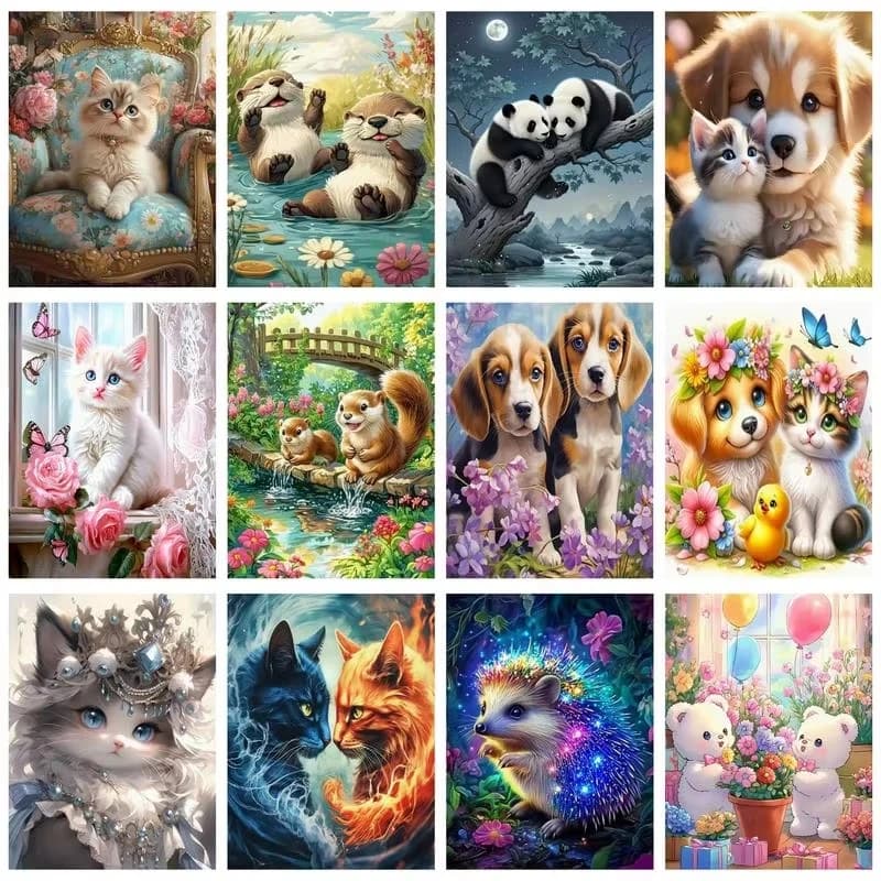 5D DIY Cute Animal Diamond Painting, Cats, Dogs, Pandas and Otters Handmade Art Exquisite Creative Gift Home Decoration