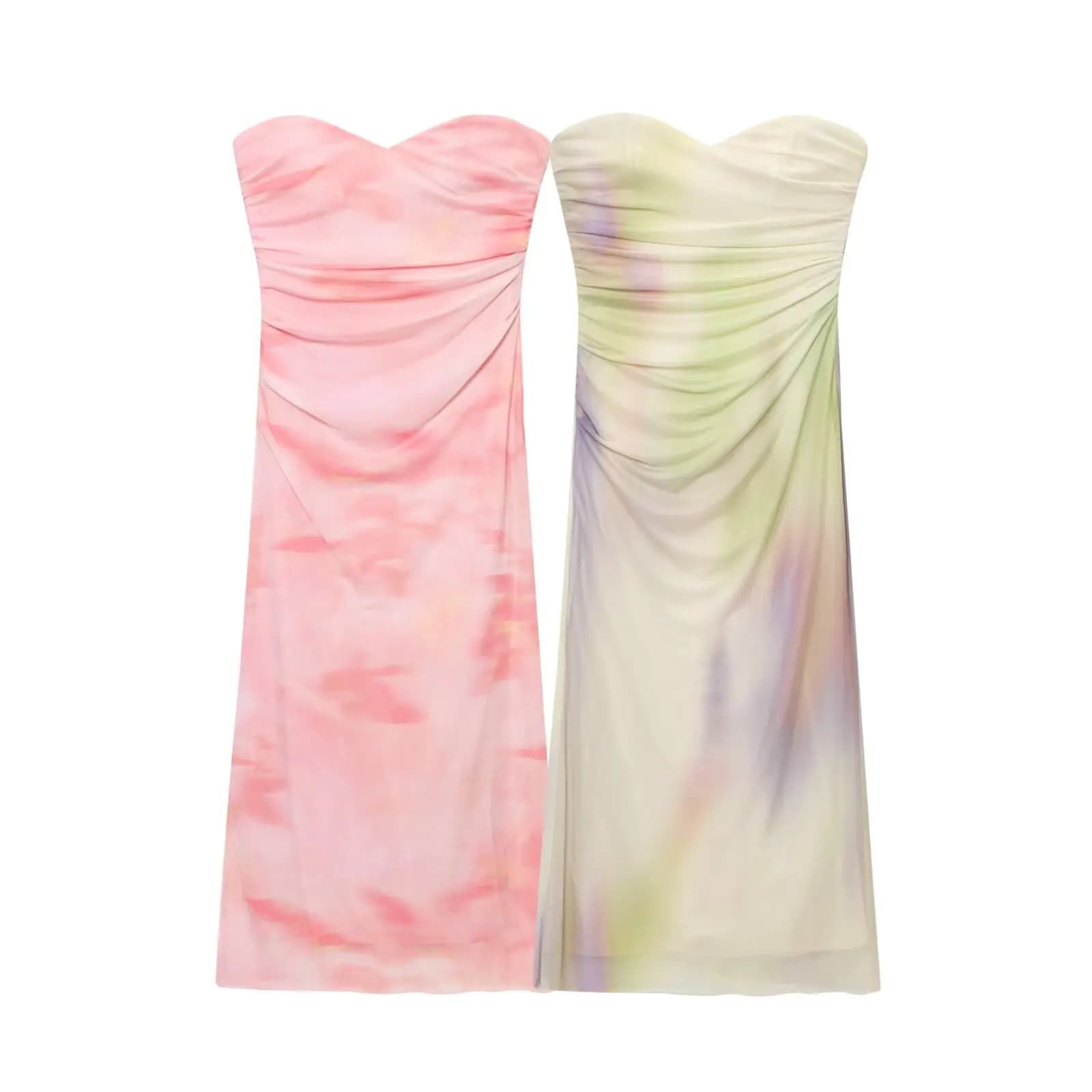 Zevity 2025 Women Elegant Tie Dye Print Strapless Pleated Slim Mesh Midi Dress Female Chic Backless Zipper Party Vestidos DS9310
