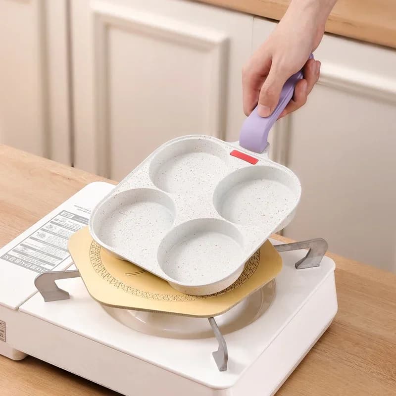 Padella Antiaderente per Omelette per Fornelli a Gas e a Induzione, Maifanshi Padella a 4 Fori per Uova, Padella Antiaderente per Uova e Hamburger, Utensile da Cucina