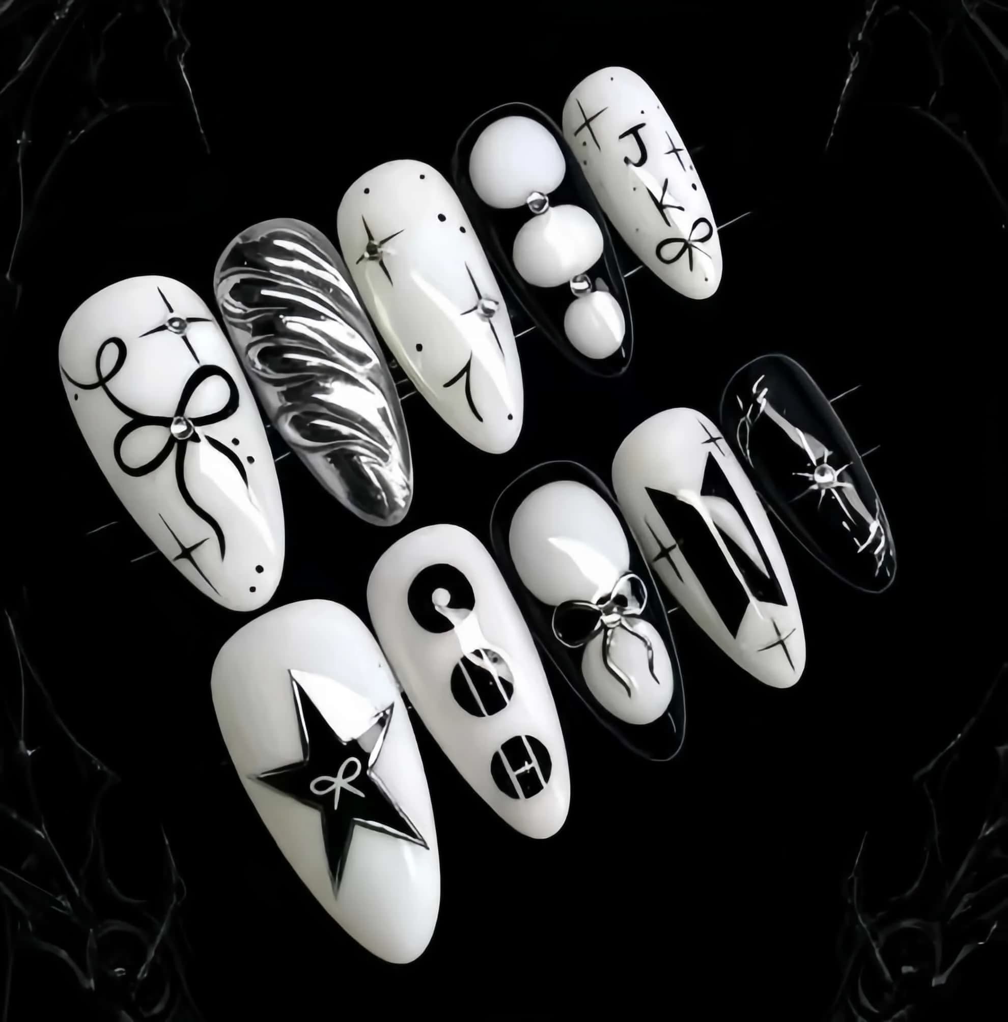 10 Pieces of Handmade Almond-Shaped Full-Cover Nail Tips, Medium Length, Black and White Contrasting Color with Metallic Mirror Powder, Dark Minimalist Cool Style, Suitable for Autumn Trendy Street Photography, Subculture Exhibitions, Bar Outings, Cool Photo Shoots, Unique Niche Gifts, Includes 1 Piece of Jelly Glue and 1 Nail File