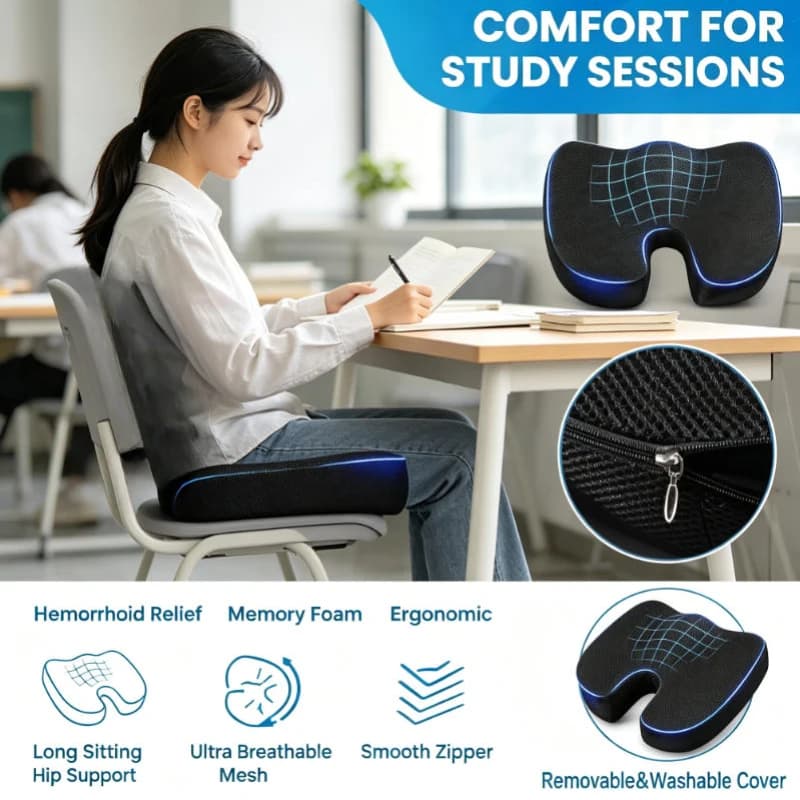 Cuscino in Memory Foam per la Cura delle Emorroidi, Supporto Ergonomico per Fianchi, Cuscino Antiscivolo per Sedia da Ufficio e Casa