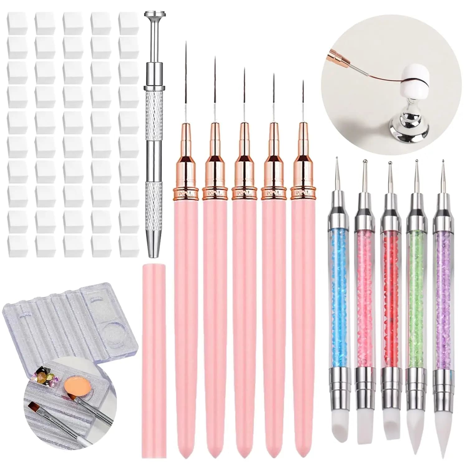 Set di 62 Pennelli per Nail Art, 5 Pennelli Liner per Unghie, Spugne per Ombre con Penna di Presa, Penna a Doppia Punta in Silicone per Dotting e Scultura, Porta Pennelli per Miscelazione e Design Unghie