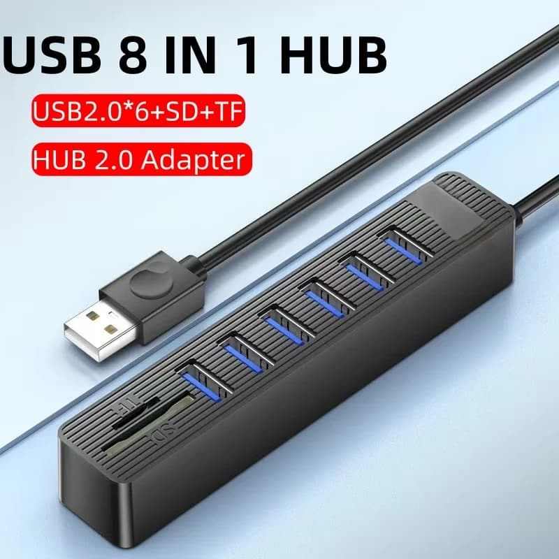 Lettore di schede multifunzione USB 2.0 8 in 1 Hub a 8 porte Splitter USB Estensore multiplo con adattatore per lettore di schede SD TF per PC portatile