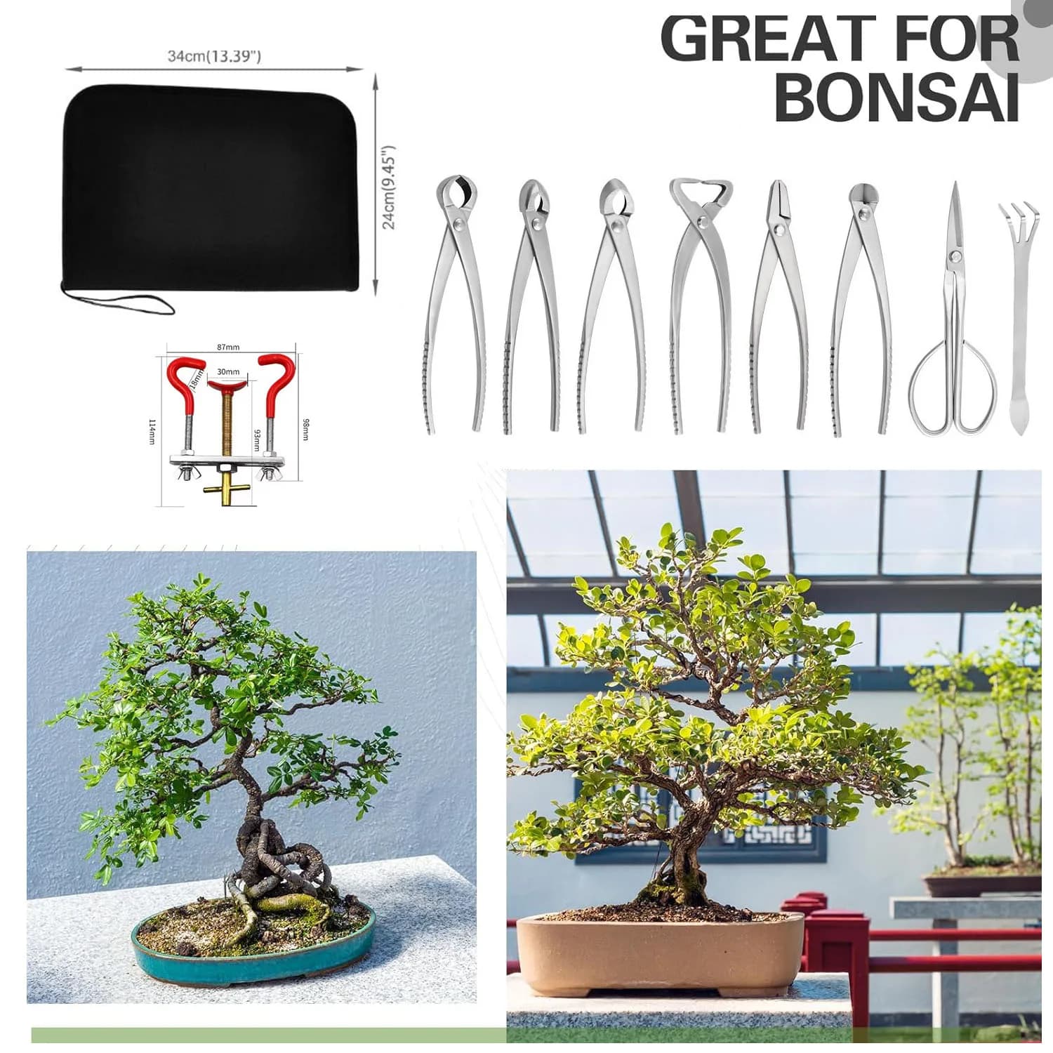 Set of Tools for Bonsai 10 Pieces, Power Kit with Scissors and Shears, with Storage Bag, Garden Gift, Women and Parents