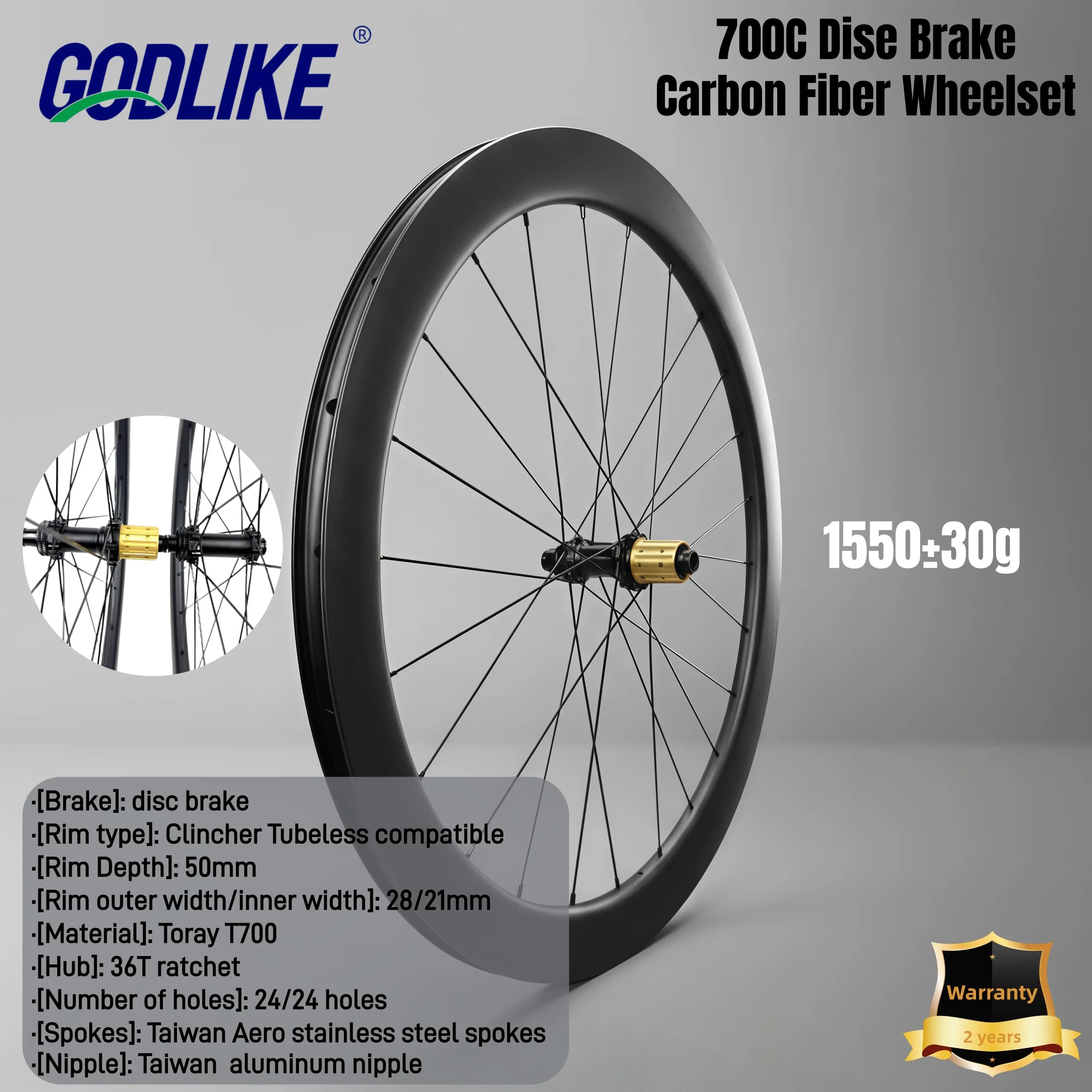 Set di ruote GODLIKE High-end 700C in carbonio per freni a disco con mozzo a struttura a cricchetto 36T per ciclismo da corsa