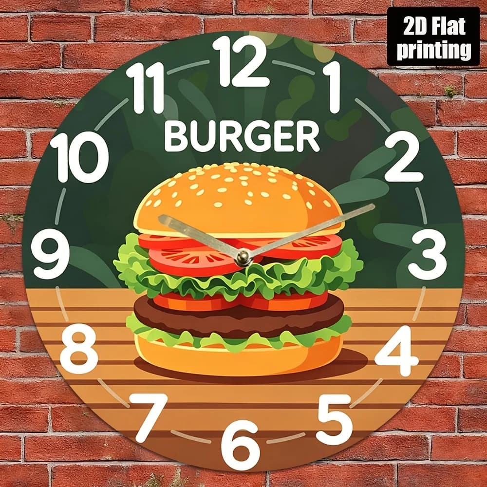 Orologio da parete silenzioso con motivo neon a forma di hamburger - Orologio rotondo in acrilico 2D, non illuminato. Perfetto per la Decorazione di Case e Uffici