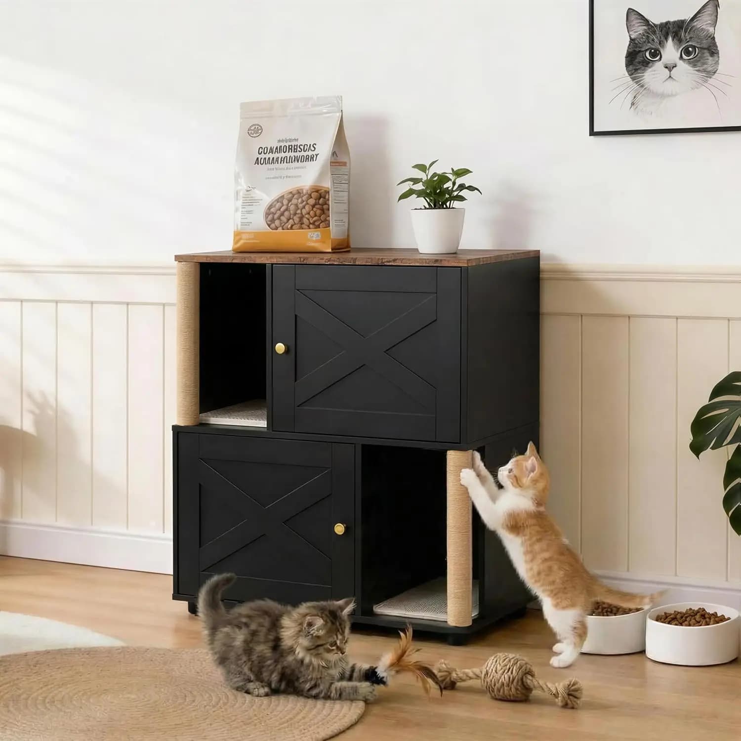 Cat Litter Box Enclosure, Double Compartment Hidden Litter Box Furniture with Scratching Posts, Wooden Cat House with End Table,