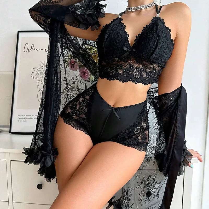 Camicia da Notte Sexy in Pizzo con Perizoma, Pigiama Trasparente da Donna, Vestaglia in Pizzo, Biancheria Intima Erotica per Donne