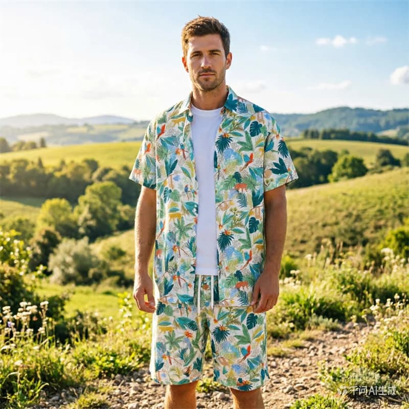 Set Estivo da Uomo con Camicia a Maniche Corte e Pantaloncini Stampati Tropicali, Casual e Alla Moda, Adatto per Vacanze al Mare e Uscite Quotidiane