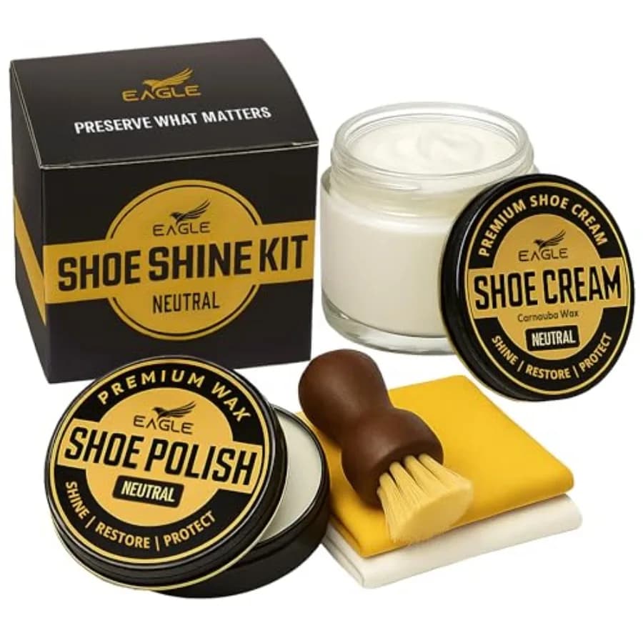 Kit Lucidatura Scarpe Eagle Neutro 5 Pezzi, Set Crema e Lucidante per Scarpe in Pelle con Spazzola e Panni, Lucidante Impermeabile alla Cera d'Api + Carnauba