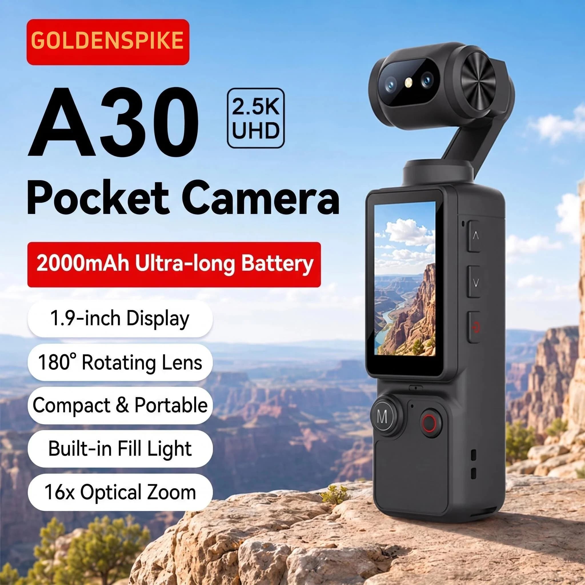 4K Wifi Action Camera 180° Auto-rotate Len Pocket Camera 1.9" Touchscreen Zoom Sport Cam Portable Vlog Video Recorder Cycling