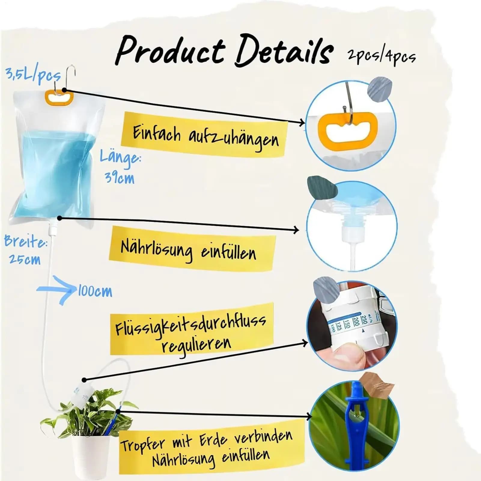 Plant Irrigation Bags Automatic Irrigation System with Adjustable Flow Tube 39.3 Inch Drop Water Bag 3.5 Liters per Flower Pot