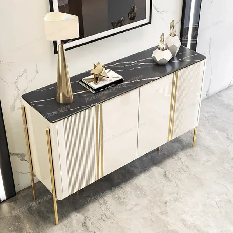 Credenza Moderna con Cassetti e Gambe in Metallo Dorato, Mobile Lucido per Soggiorno, Scarpiera per Corridoio