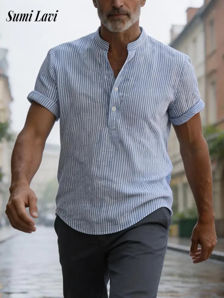 Summer Vacation Stripped Tee Mens Fashionable Loose Breathable Polo Shirt Vintage Crew Collar Button Short Sleeve T-shirts Men
