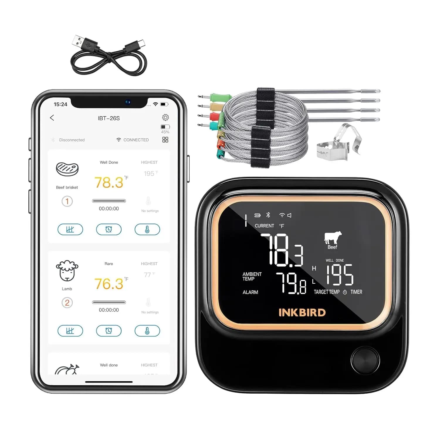 5 GHz WiFi and Bluetooth 5.1 meat thermometer with 4 probes, wireless app control for grilling barbecue cooking