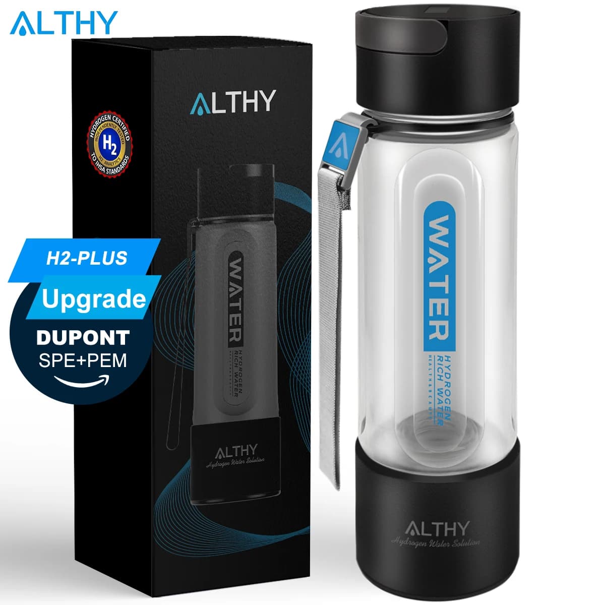 ALTHY Generatore d'acqua a idrogeno Bottiglia Cup DuPont SPE + PEM Doppia camera, 40 volte di funzionamento/carico singolo, dispositivo di inalazione H2