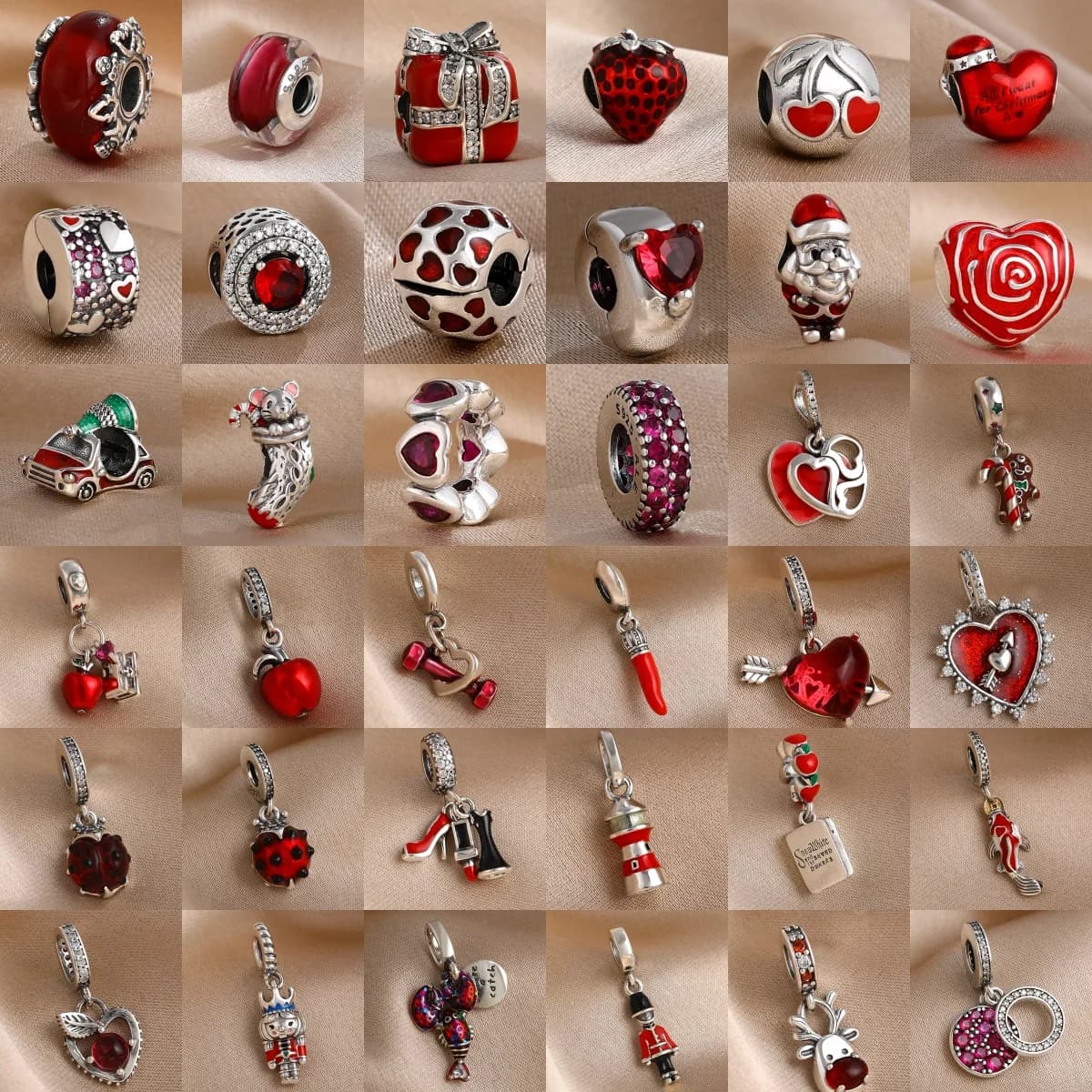Ciondolo Charm Serie Rossa in Argento 925 a forma di Rossetto, Tacchi Alti, Manubrio, Mela, Ciliegia, compatibile con Bracciali e Collane Charm Originali Europei