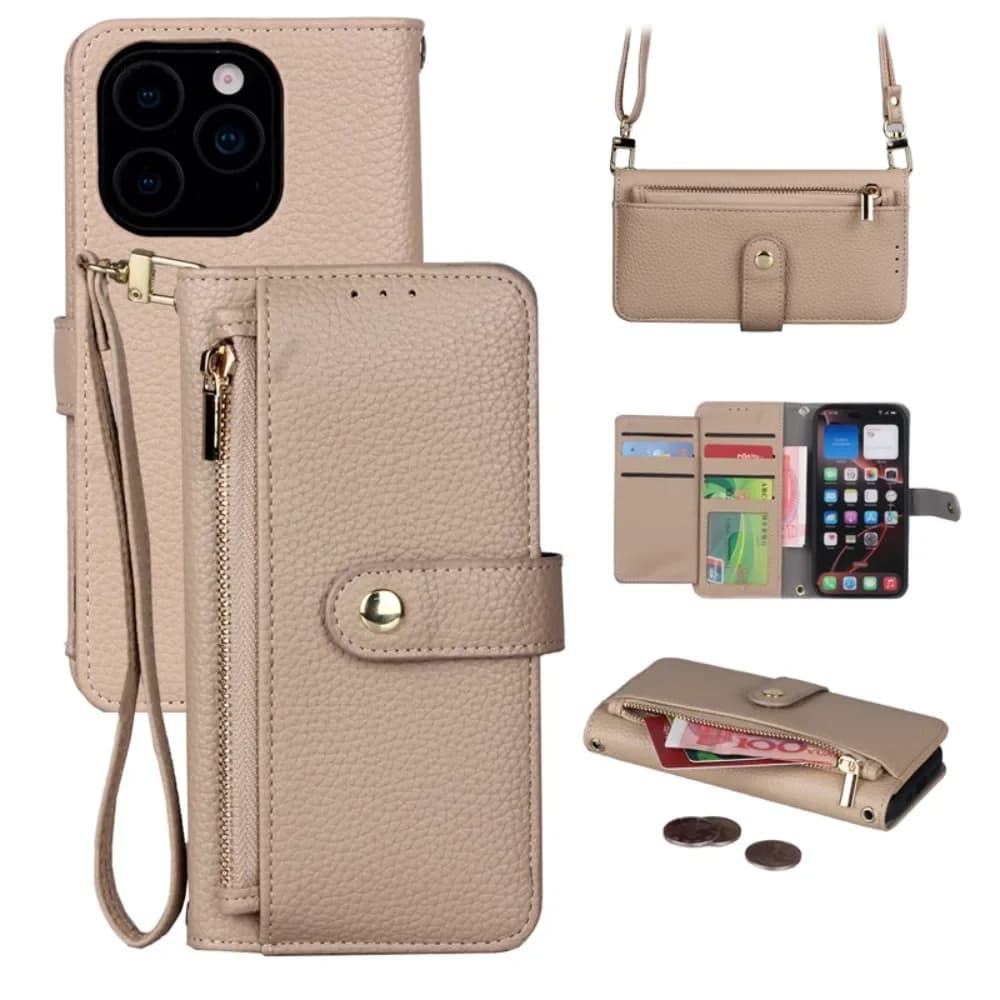 Wallet with zipper strap with Solt Cards Phone Case for IPhone 16E 16 15 14 13 12 Pro Max Leather Case with Cord